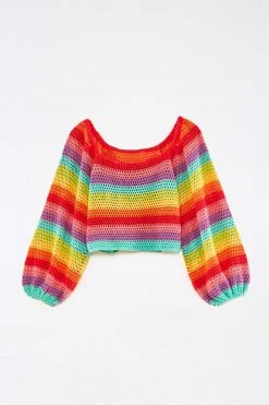 FARM RIO Striped Multicolor Crochet Pullover New In 11 FARM RIO Striped Multicolor Crochet Pullover New In