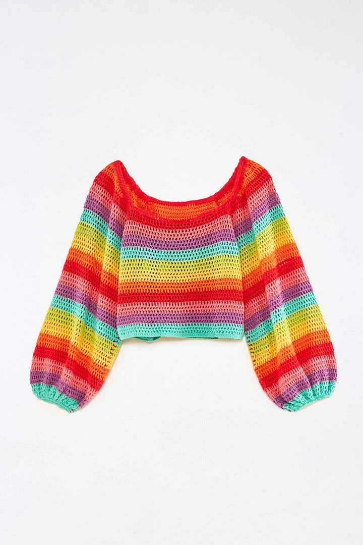 FARM RIO Striped Multicolor Crochet Pullover New In 6 FARM RIO Striped Multicolor Crochet Pullover New In