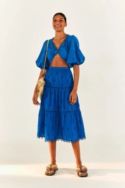 FARM RIO New In Blue 3D Pineapple Midi Skirt