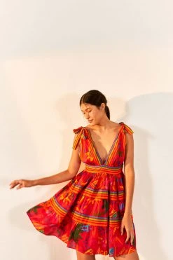 FARM RIO Red Good Vibes V Neck Mini Dress