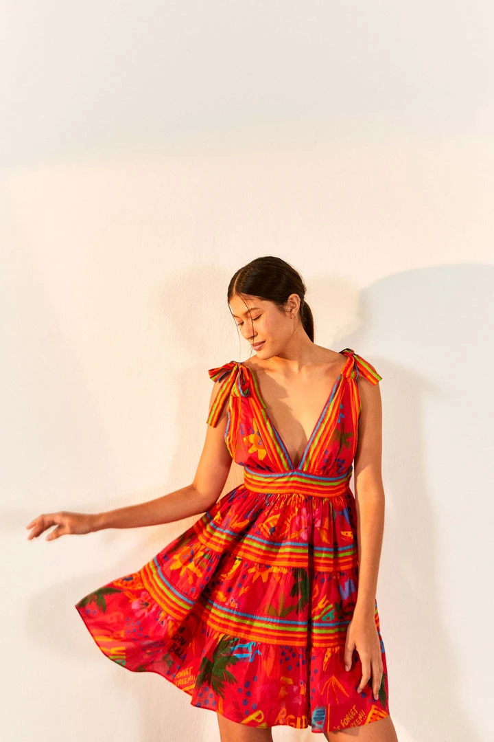 FARM RIO Red Good Vibes V Neck Mini Dress 1 FARM RIO Red Good Vibes V Neck Mini Dress