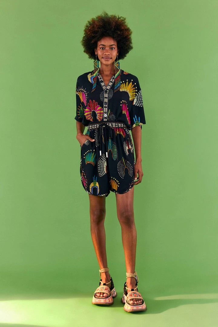 FARM RIO BLACK WONDERFUL HEADDRESS UNISEX SHORTS New In 5 FARM RIO BLACK WONDERFUL HEADDRESS UNISEX SHORTS New In