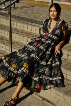 FARM RIO BLACK WONDERFUL HEADDRESS V NECK MIDI DRESS