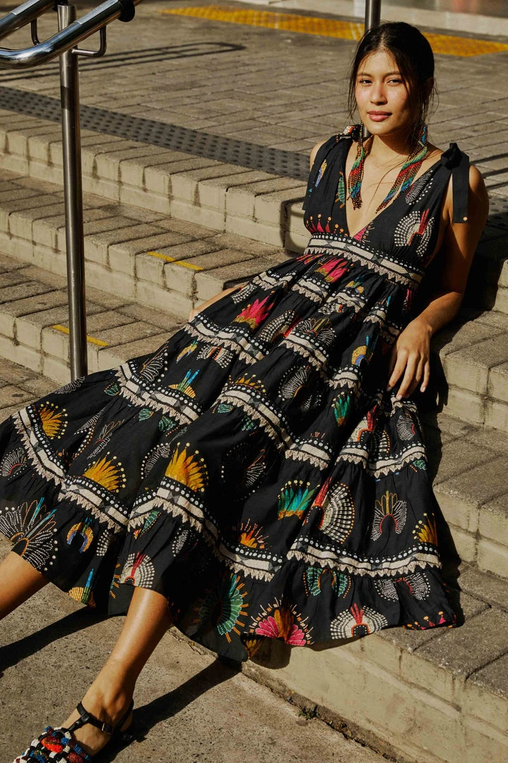 FARM RIO BLACK WONDERFUL HEADDRESS V NECK MIDI DRESS 1 FARM RIO BLACK WONDERFUL HEADDRESS V NECK MIDI DRESS