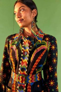 FARM RIO BLACK MACAW NIGHT LONG SLEEVE MINI DRESS 8 FARM RIO BLACK MACAW NIGHT LONG SLEEVE MINI DRESS