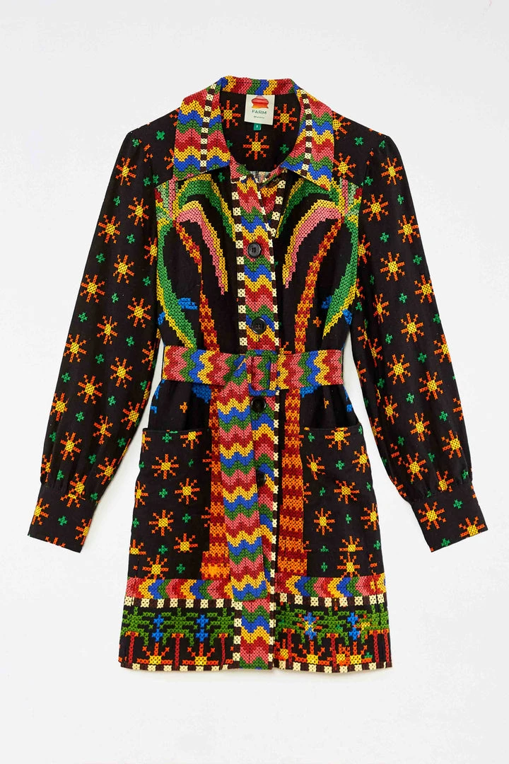 FARM RIO BLACK MACAW NIGHT LONG SLEEVE MINI DRESS 6 FARM RIO BLACK MACAW NIGHT LONG SLEEVE MINI DRESS