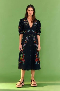 FARM RIO BLACK CROSS STITCH V NECK DRESS Most Loved