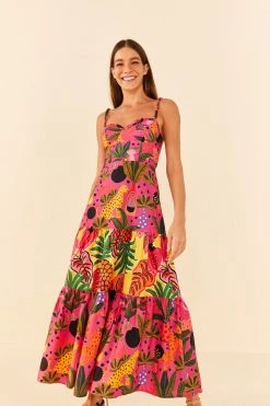 FARM RIO New In PINK POP LEOPARDS MIXED MIDI DRESS