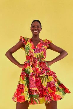 FARM RIO YELLOW FRUIT DREAM RUFFLE MINI DRESS