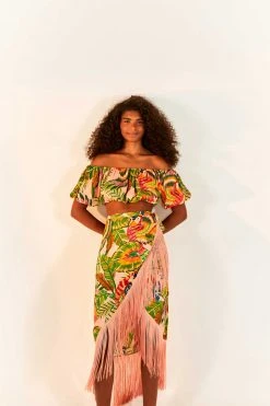 FARM RIO New In Macaw Leaves Fringe Wrap Skirt
