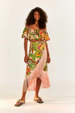 FARM RIO New In Macaw Leaves Fringe Wrap Skirt