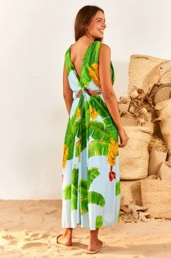 FARM RIO Blue Fresh Bananas Cut-Out Midi Dress