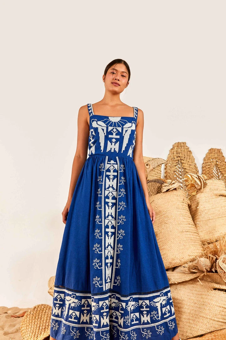 FARM RIO Navy Macaw Embroidered Maxi Dress 1 FARM RIO Navy Macaw Embroidered Maxi Dress