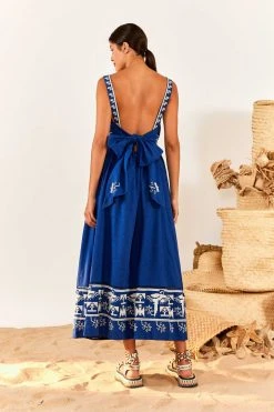 FARM RIO Navy Macaw Embroidered Maxi Dress