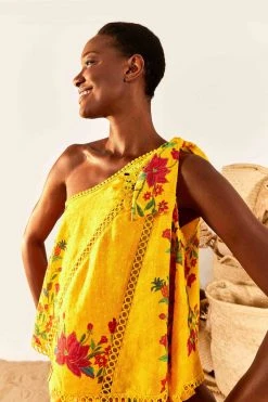 FARM RIO New In Yellow Flower Dream One Shoulder Blouse