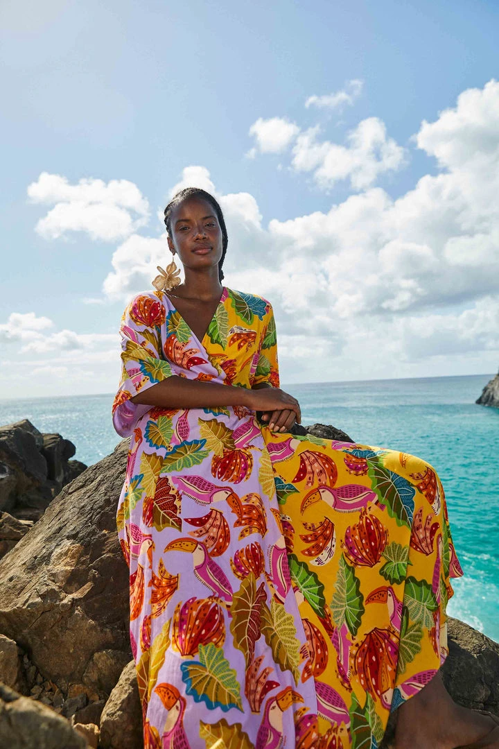 FARM RIO New In Mixed Beaks & Bananas Maxi Wrap Dress 2 FARM RIO New In Mixed Beaks & Bananas Maxi Wrap Dress