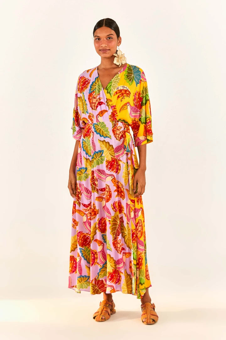 FARM RIO New In Mixed Beaks & Bananas Maxi Wrap Dress 1 FARM RIO New In Mixed Beaks & Bananas Maxi Wrap Dress