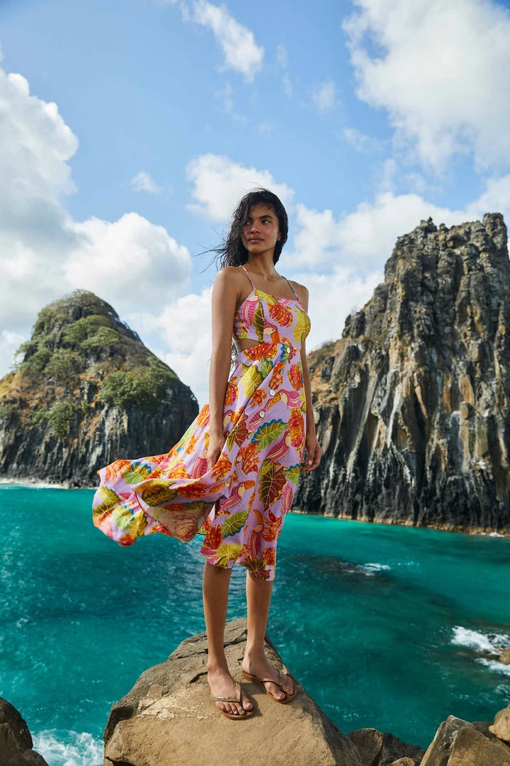 FARM RIO Lilac Beaks & Bananas Midi Dress New In 3 FARM RIO Lilac Beaks & Bananas Midi Dress New In