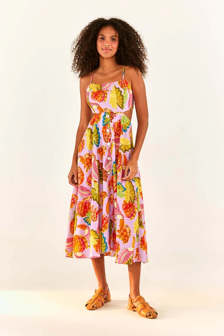 FARM RIO Lilac Beaks & Bananas Midi Dress New In 1 FARM RIO Lilac Beaks & Bananas Midi Dress New In