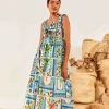 FARM RIO New In Tropical Tiles Square Neck Maxi Dress