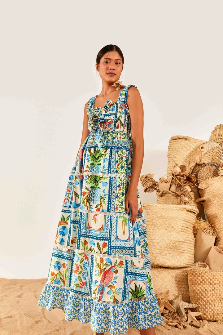 FARM RIO New In Tropical Tiles Square Neck Maxi Dress 1 FARM RIO New In Tropical Tiles Square Neck Maxi Dress
