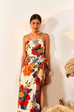 FARM RIO New In White Pineapple Flowers Midi Dress