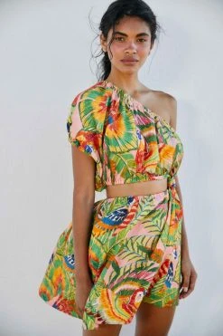 FARM RIO Macaw Leaves One-Shoulder Mini Dress
