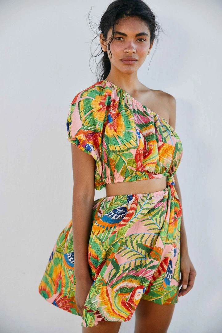 FARM RIO Macaw Leaves One-Shoulder Mini Dress 1 FARM RIO Macaw Leaves One-Shoulder Mini Dress