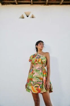 FARM RIO Macaw Leaves One-Shoulder Mini Dress 8 FARM RIO Macaw Leaves One-Shoulder Mini Dress