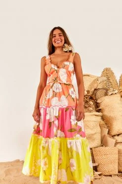 FARM RIO Mixed Neon Garden Tiered Midi Dress