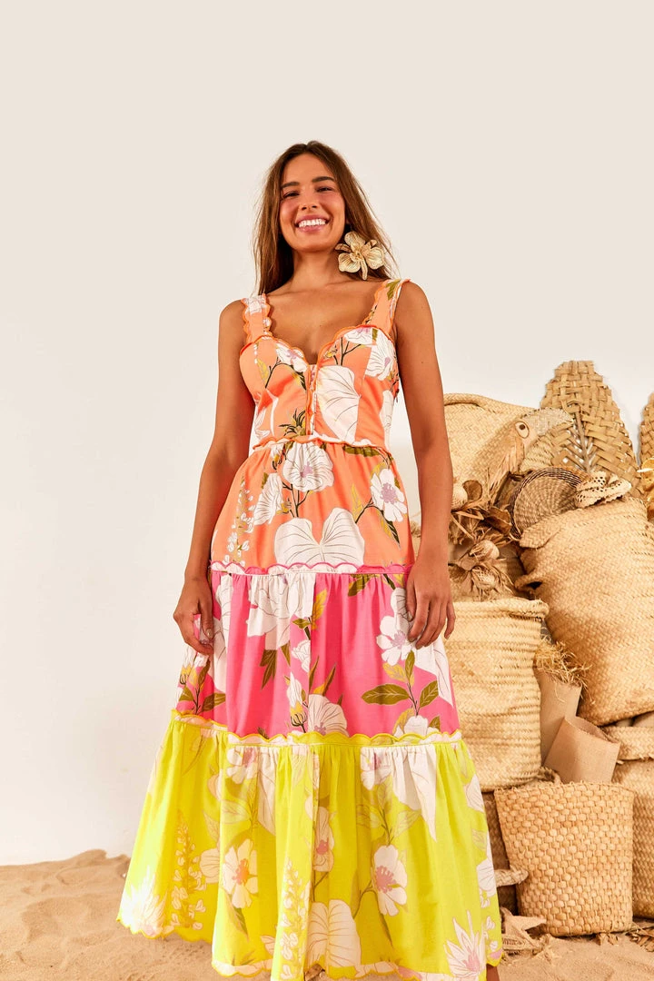 FARM RIO Mixed Neon Garden Tiered Midi Dress 1 FARM RIO Mixed Neon Garden Tiered Midi Dress