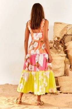FARM RIO Mixed Neon Garden Tiered Midi Dress