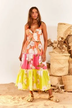 FARM RIO Mixed Neon Garden Tiered Midi Dress 10 FARM RIO Mixed Neon Garden Tiered Midi Dress