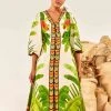 FARM RIO Fresh Forest Scarf V Neck Midi Dress New In