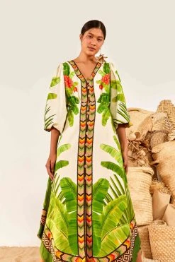 FARM RIO Fresh Forest Scarf V Neck Midi Dress New In