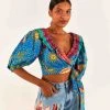 FARM RIO Blue Ocean Stories Wrap Blouse New In