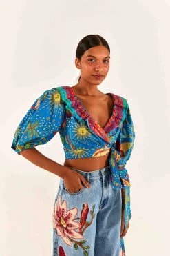 FARM RIO Blue Ocean Stories Wrap Blouse New In
