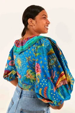 FARM RIO Blue Ocean Stories Wrap Blouse New In 8 FARM RIO Blue Ocean Stories Wrap Blouse New In