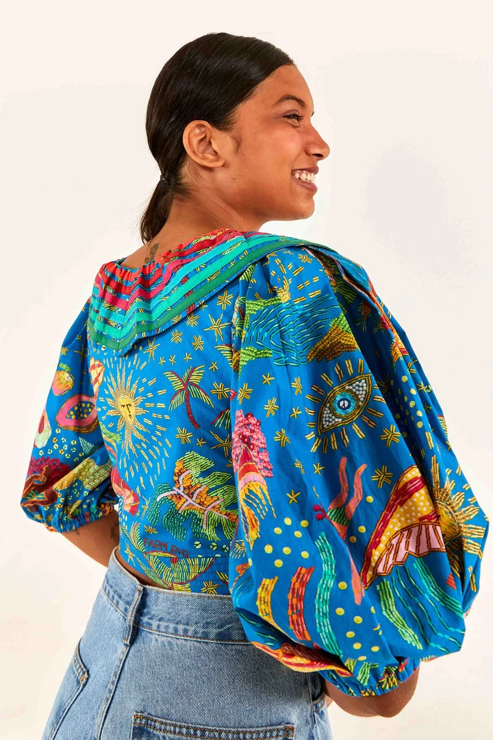 FARM RIO Blue Ocean Stories Wrap Blouse New In 3 FARM RIO Blue Ocean Stories Wrap Blouse New In