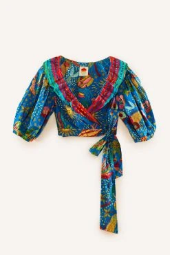 FARM RIO Blue Ocean Stories Wrap Blouse New In 11 FARM RIO Blue Ocean Stories Wrap Blouse New In