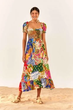 FARM RIO Sunny Mix Square Neck Midi Dress