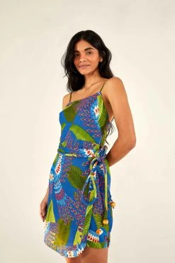 FARM RIO Blue Macaw Mini Wrap Dress