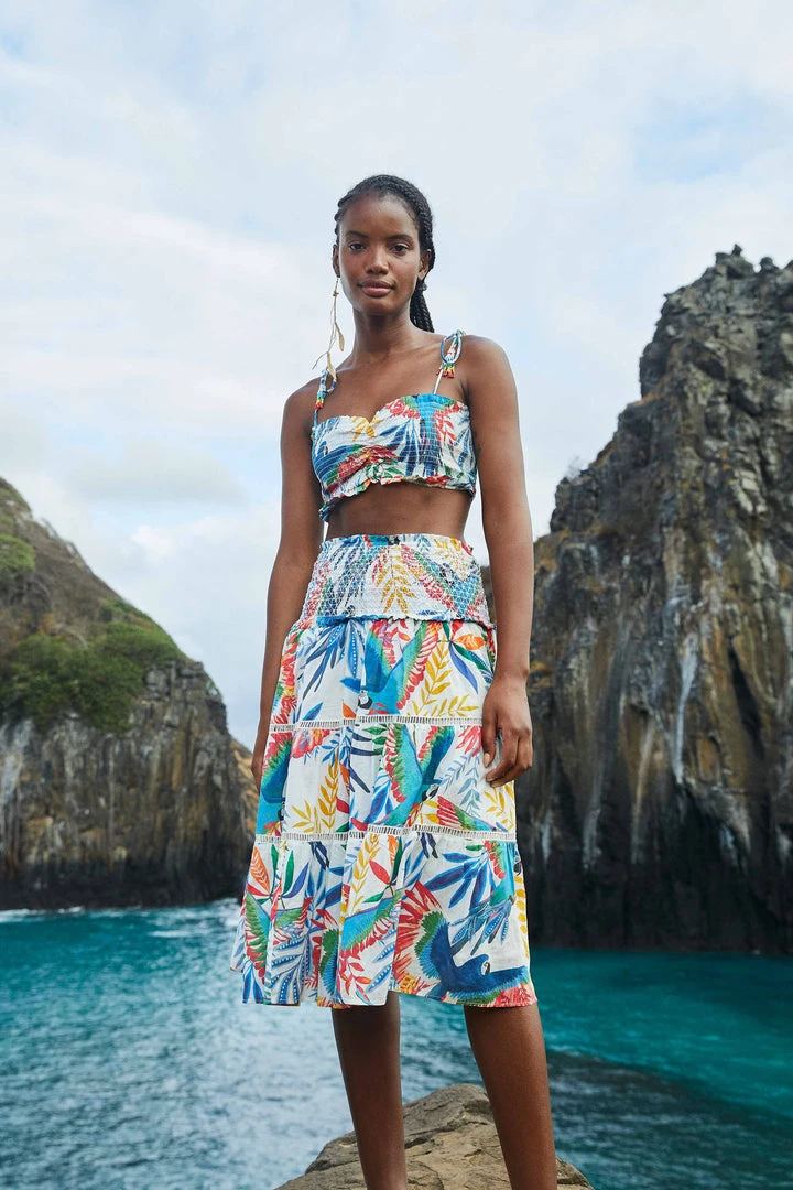 FARM RIO New In Macaw Wind Smocked Midi Skirt 1 FARM RIO New In Macaw Wind Smocked Midi Skirt