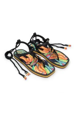 FARM RIO BLACK BANANA BEADED FLAT SANDAL New In