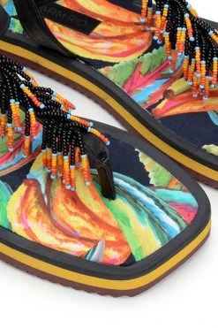 FARM RIO BLACK BANANA BEADED FLAT SANDAL New In 7 FARM RIO BLACK BANANA BEADED FLAT SANDAL New In