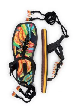 FARM RIO BLACK BANANA BEADED FLAT SANDAL New In