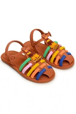 FARM RIO CARAMEL BEADED RAINBOW TUBE STRAP SANDAL