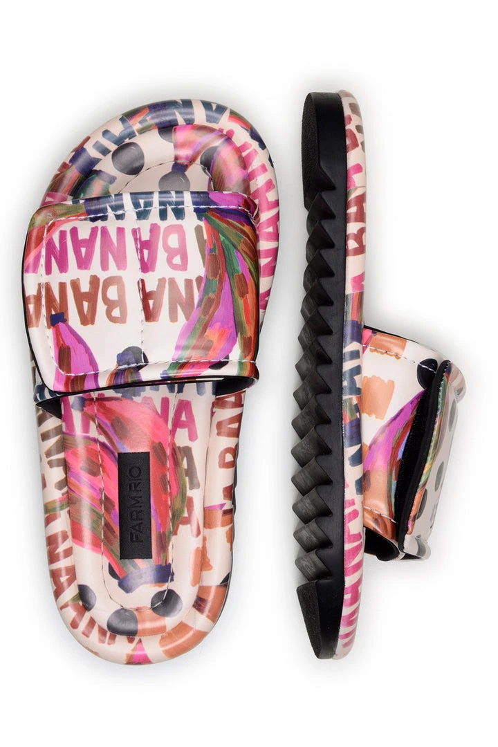 FARM RIO BANANATIC PUFFY SLIDE SANDAL New In 3 FARM RIO BANANATIC PUFFY SLIDE SANDAL New In