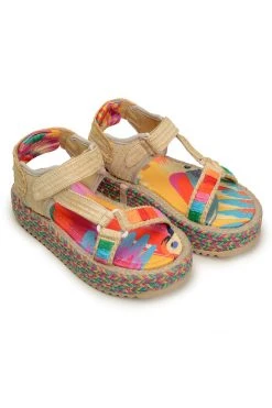 FARM RIO New In COLORFUL TOUCANS FLATFORM RAFFIA VELCRO SANDAL