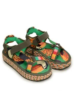 FARM RIO New In GREEN TOUCANS FLATFORM RAFFIA VELCRO SANDAL